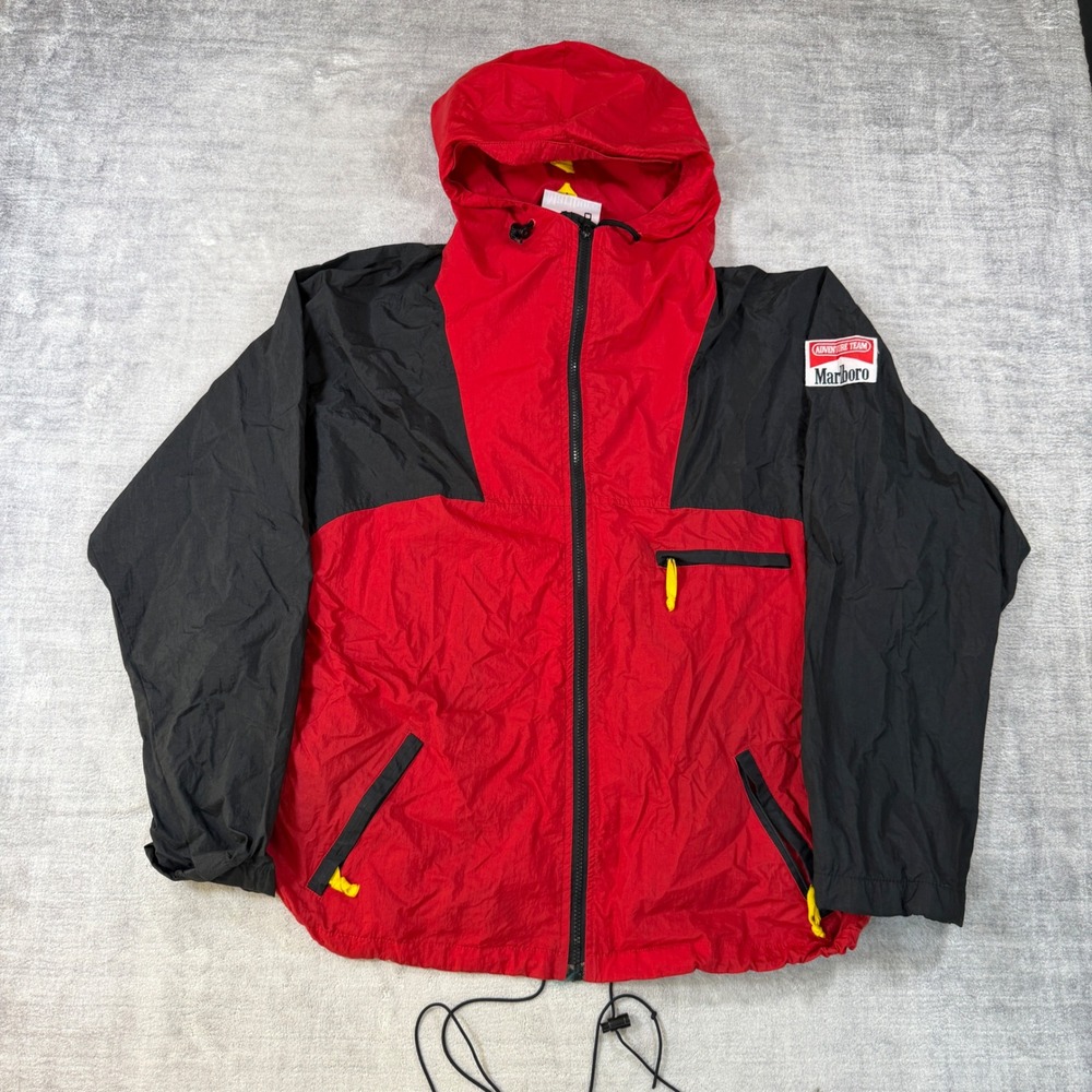 Marlboro Adventure Team Jacket Mens XL Red Black Vtg Hooded Racing Windbreaker